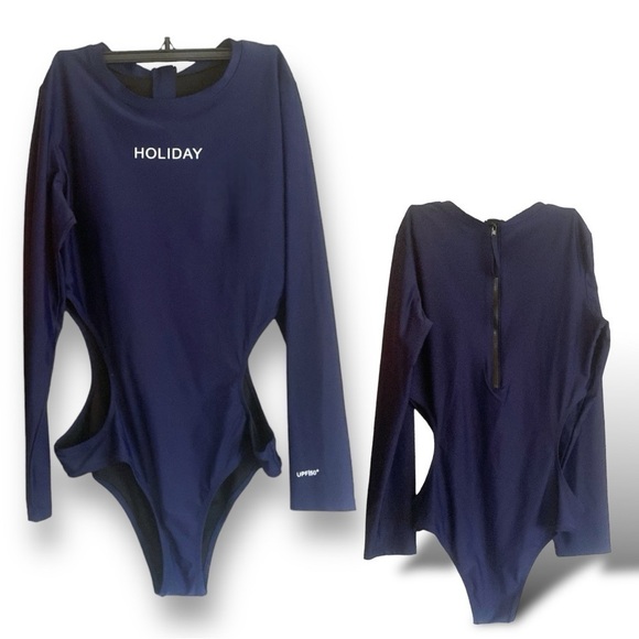 One Piece Cutout Waist Rash-guard Bodysuit Long Sleeve Women’s Large Navy Blue - Picture 7 of 8